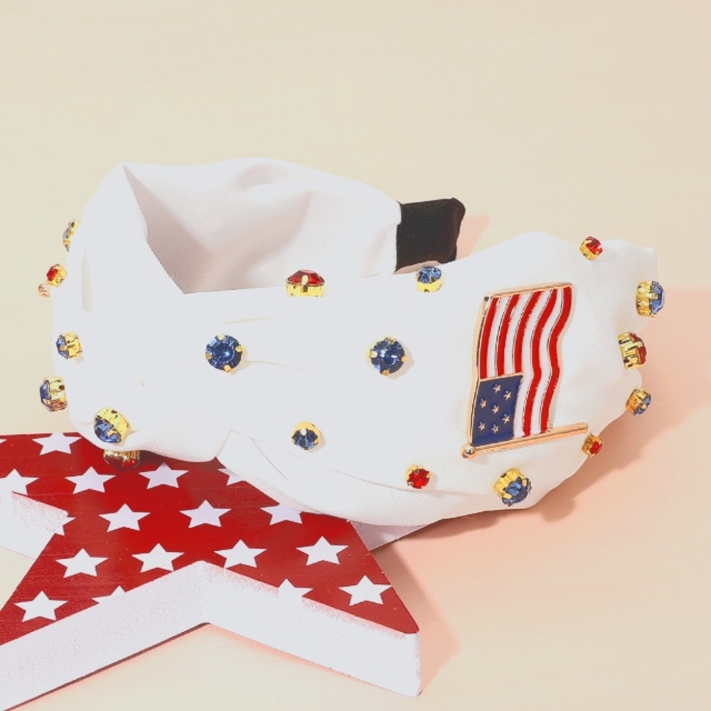 💋💕White Headband with American Flag and Gem Accents